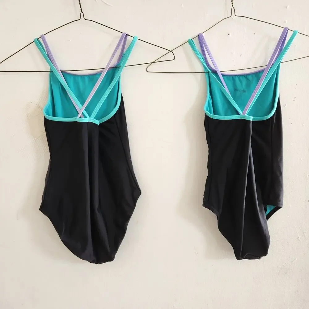 Speedo Girls Swimsuit 12 Pro Multi Black One-Piece Cross Back Sport Lot Of 2
